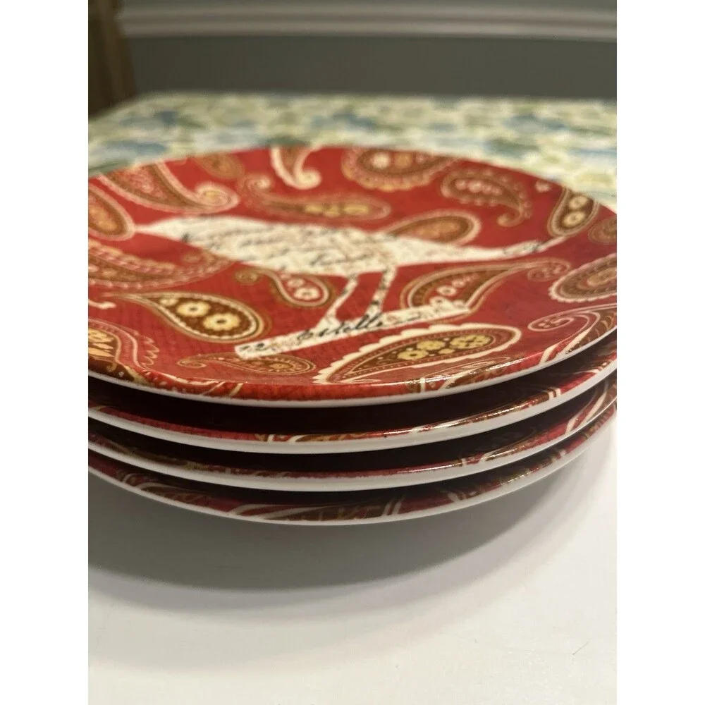 Pier 1 Imports Bird Red Paisley 7.75” Luncheon Dessert Plates 4pc